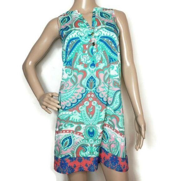 Tracy Negoshian XS Sleeveless Colorful Paisley Print Shift Dress Gold Buttons - Picture 6 of 12